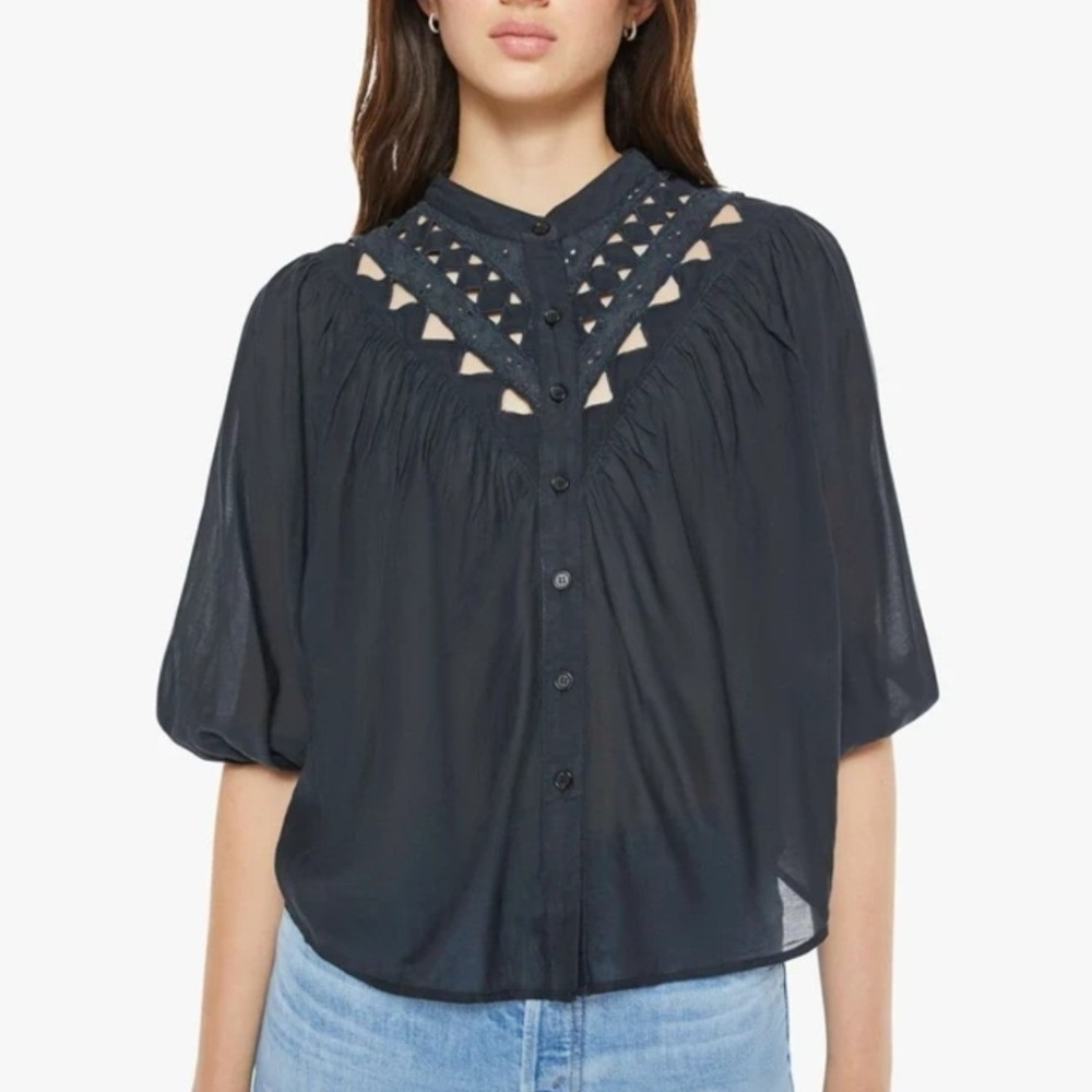 Mother V-Yoke Geo Cutout Blouse Women Large Navy Blue Balloon Sleeve Button Up